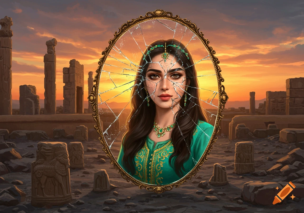 A young Persian woman's face reflected in a severely cracked mirror, set against ancient ruins at sunset.