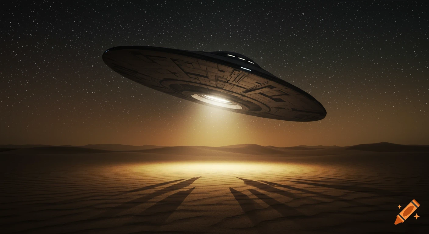 A classic saucer UFO hovers over a sandy desert landscape at night, casting a light beam.