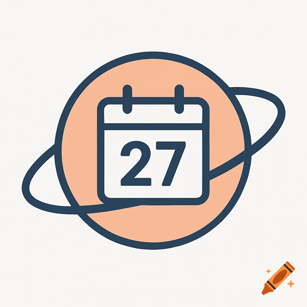 A minimalist vector icon of a calendar with the number 27 on a planet with a ring.