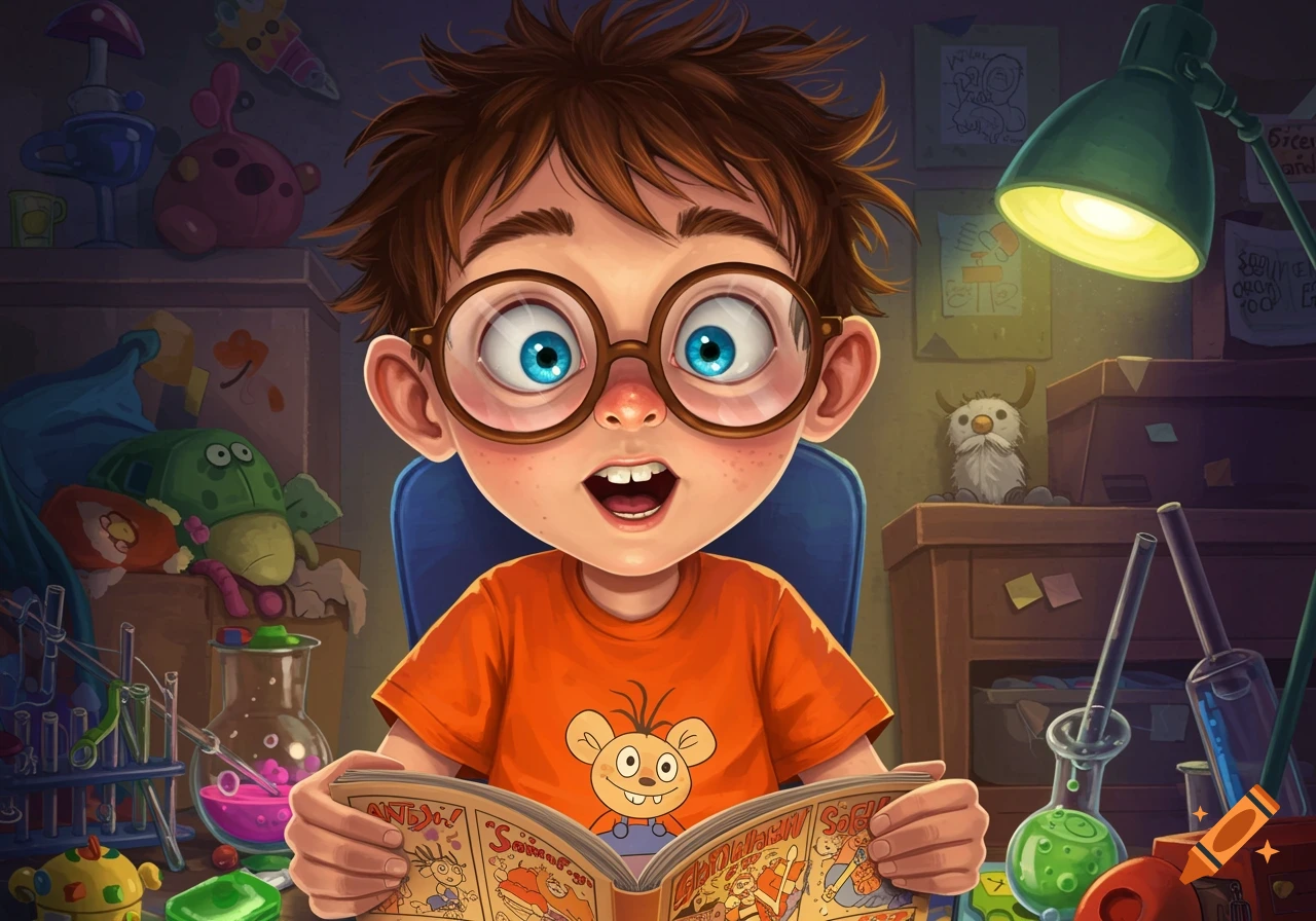 Illustrated close-up of an excited boy with glasses and blue eyes reading a comic book in a cluttered room with science beakers and toys.