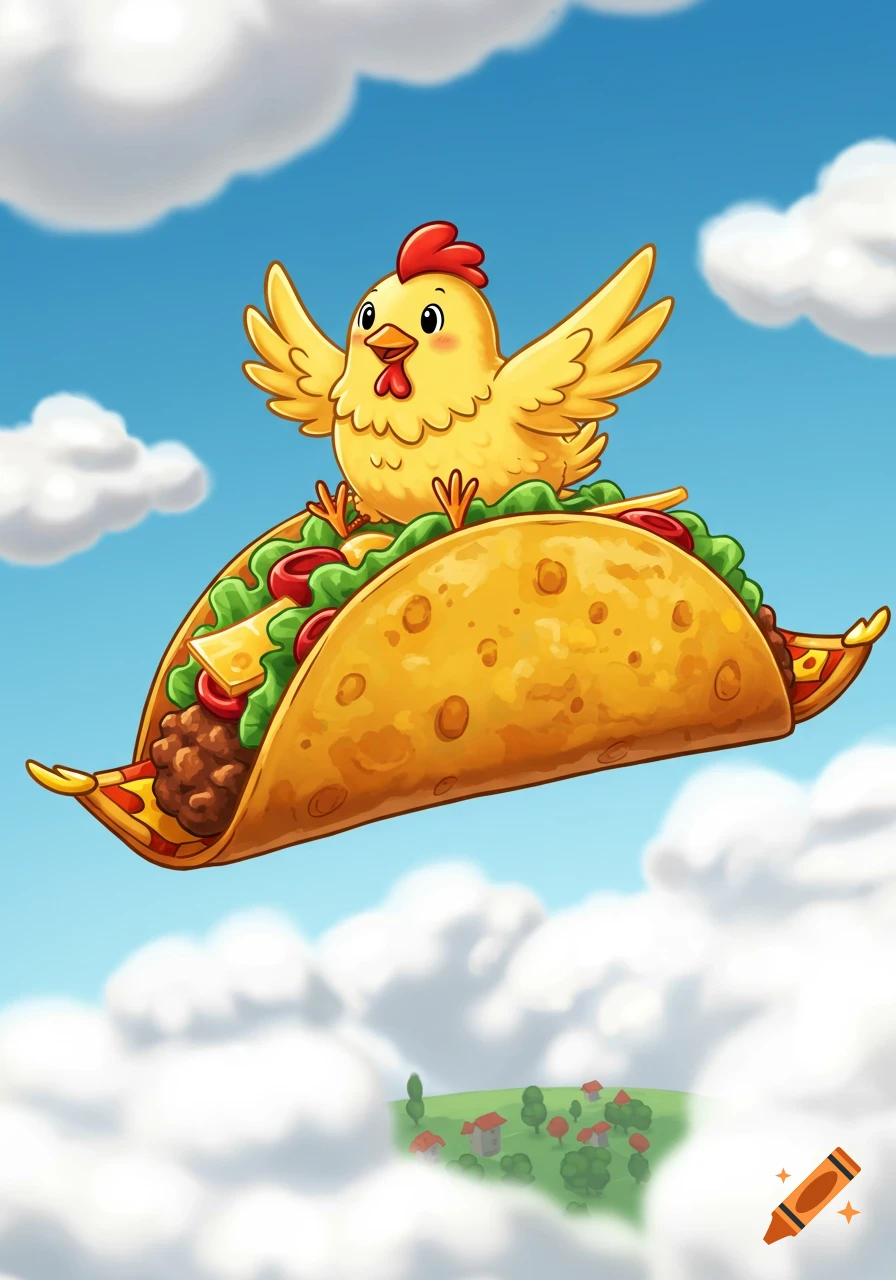 A cute cartoon chicken sits atop a hard shell taco flying through the sky like a magic carpet.