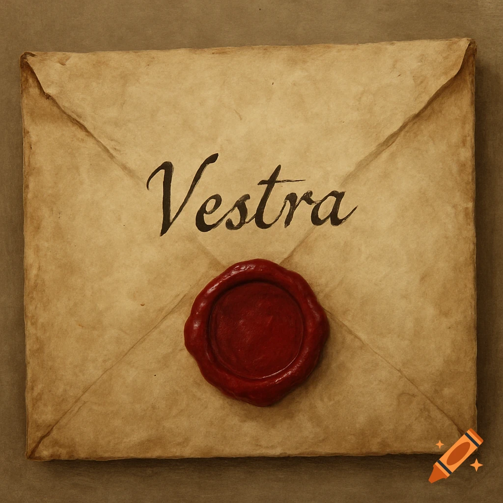 Old envelope with a red wax seal and the word Vestra written on it.