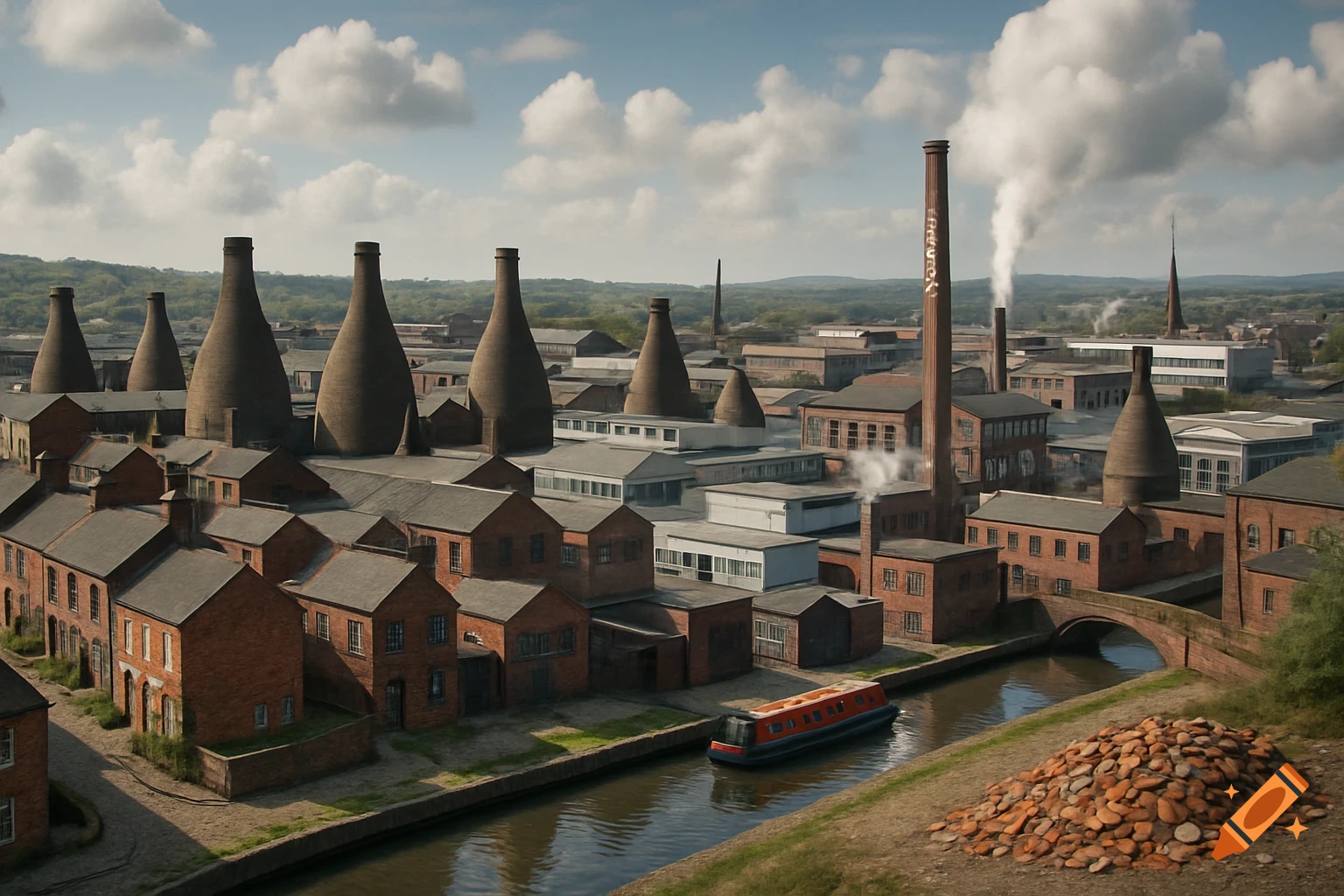 Panoramic view of an industrial town with bottle kilns, factories, houses, a canal boat, and a smoking chimney.