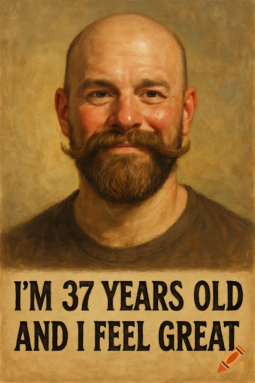Painted portrait of a bald man with a large mustache and beard, text reads 'I'M 37 YEARS OLD AND I FEEL GREAT'