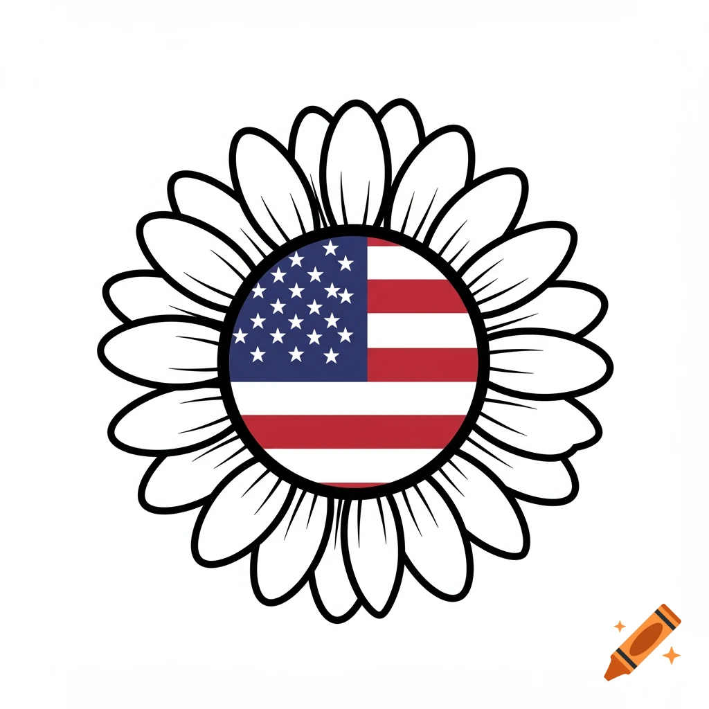 Line drawing of a flower with the US flag as the center.