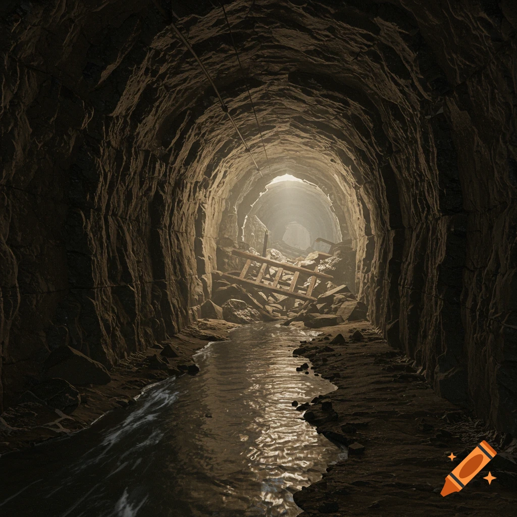 A stream flows through a dark, collapsed underground stone tunnel with light visible ahead.