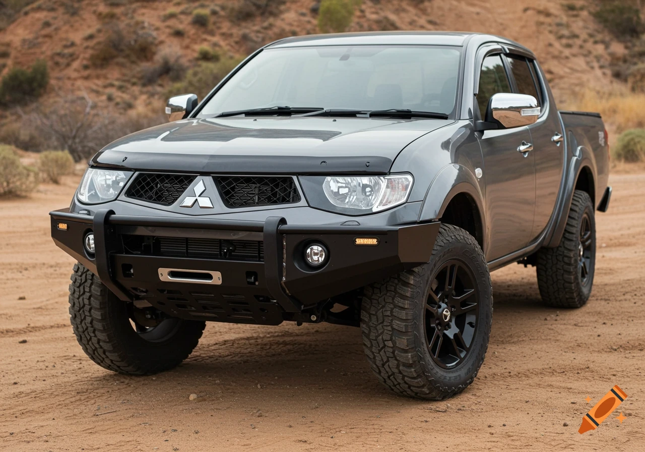 Gray Mitsubishi Triton truck with an aftermarket bulbar on dirt