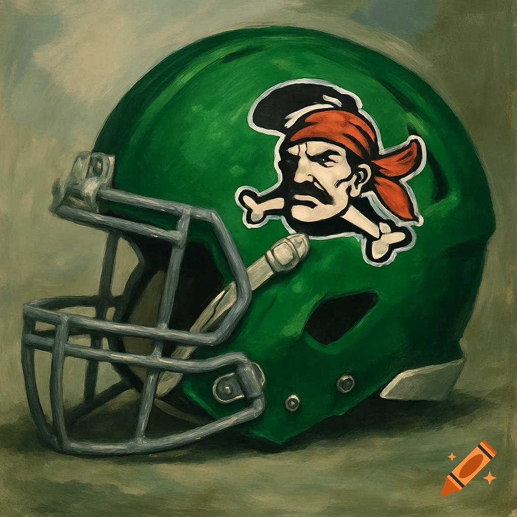 A green football helmet with a pirate skull and crossbones logo on the side, painted in a textured style.