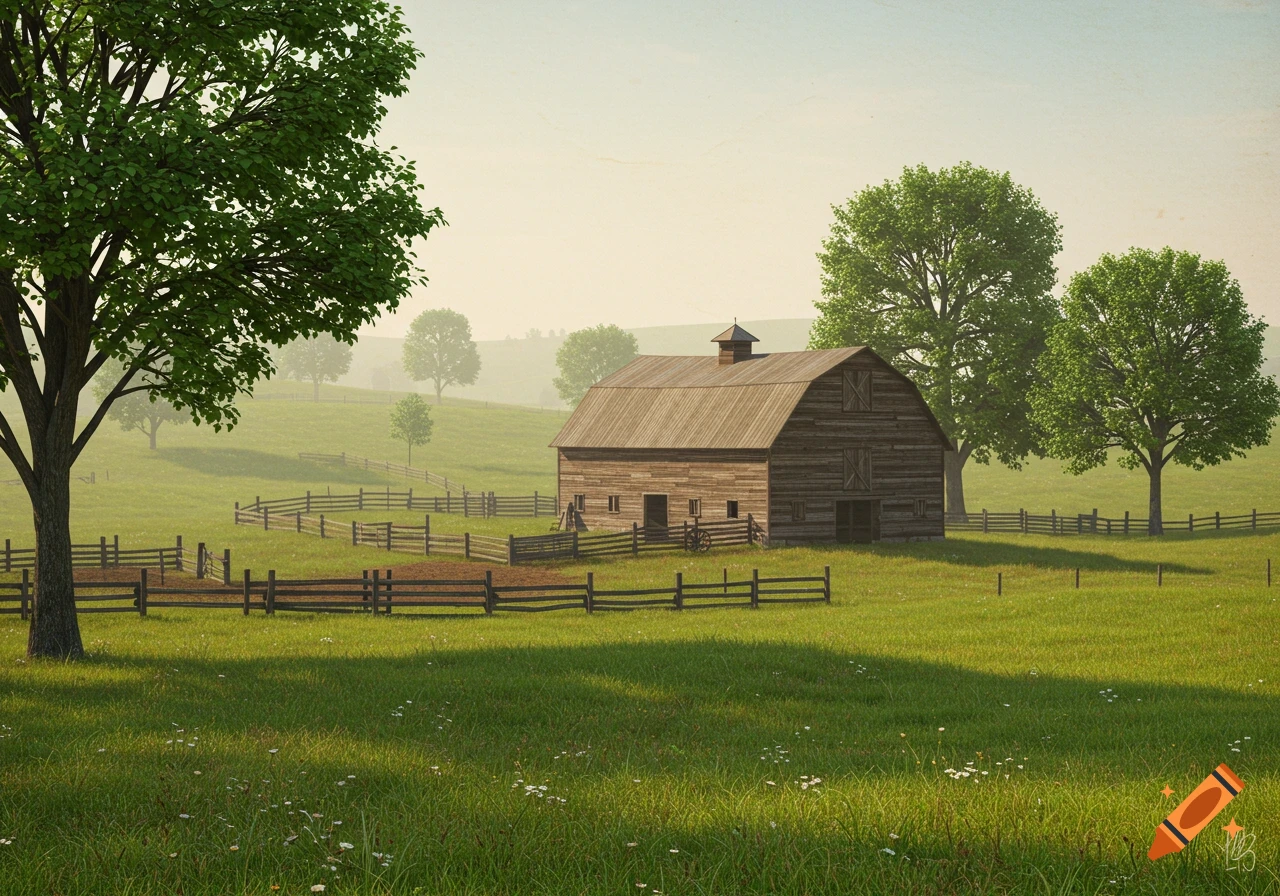 A rustic wooden barn in a green field with trees and fences under a hazy sky.