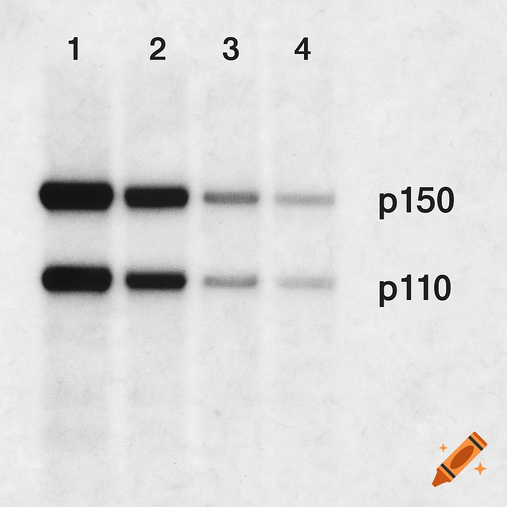 Black and white Western blot showing 4 lanes with protein bands labeled p150 and p110.