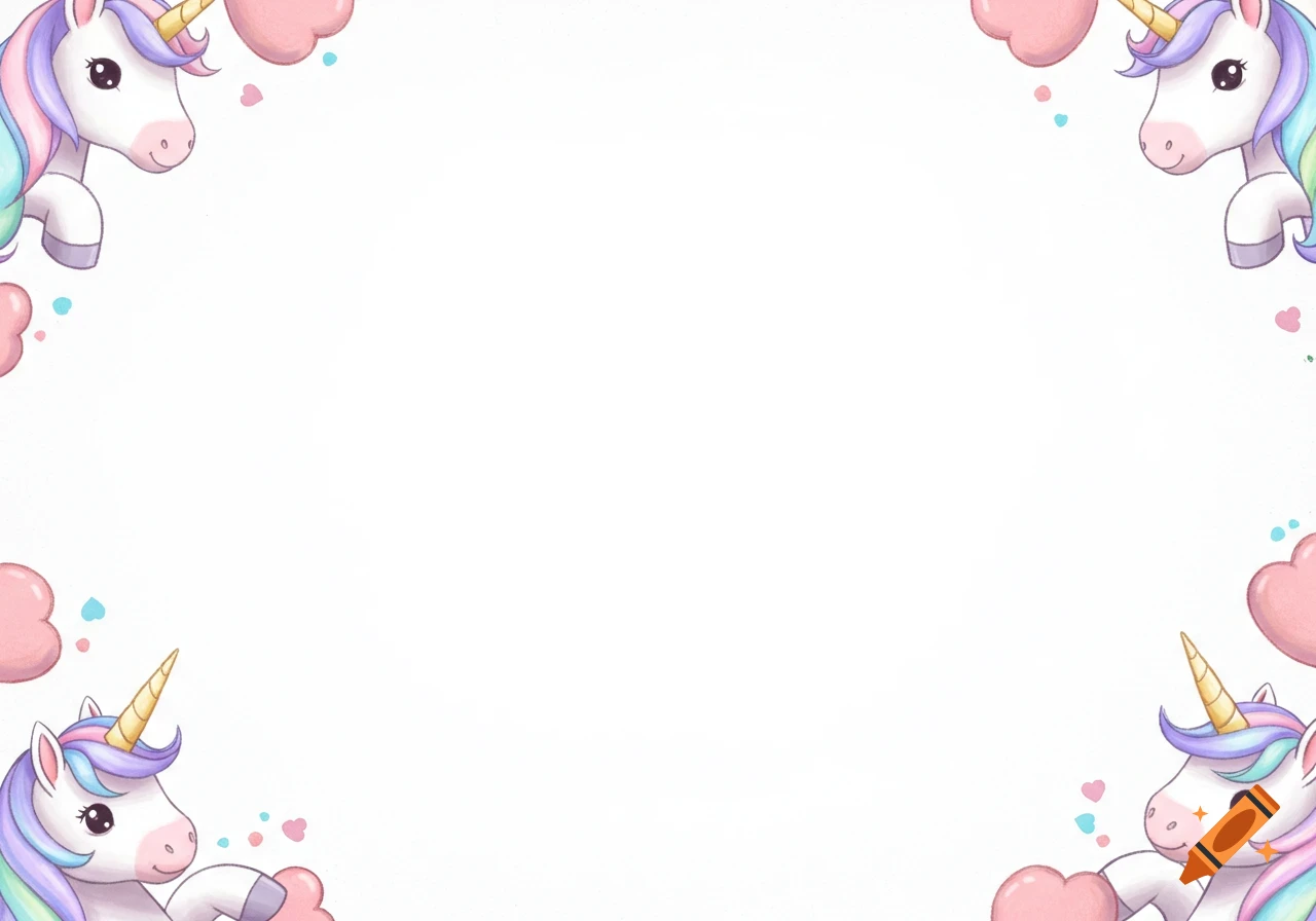 Cartoon unicorn border with pink clouds and hearts on a white background.  on Craiyon, image size:1280x896