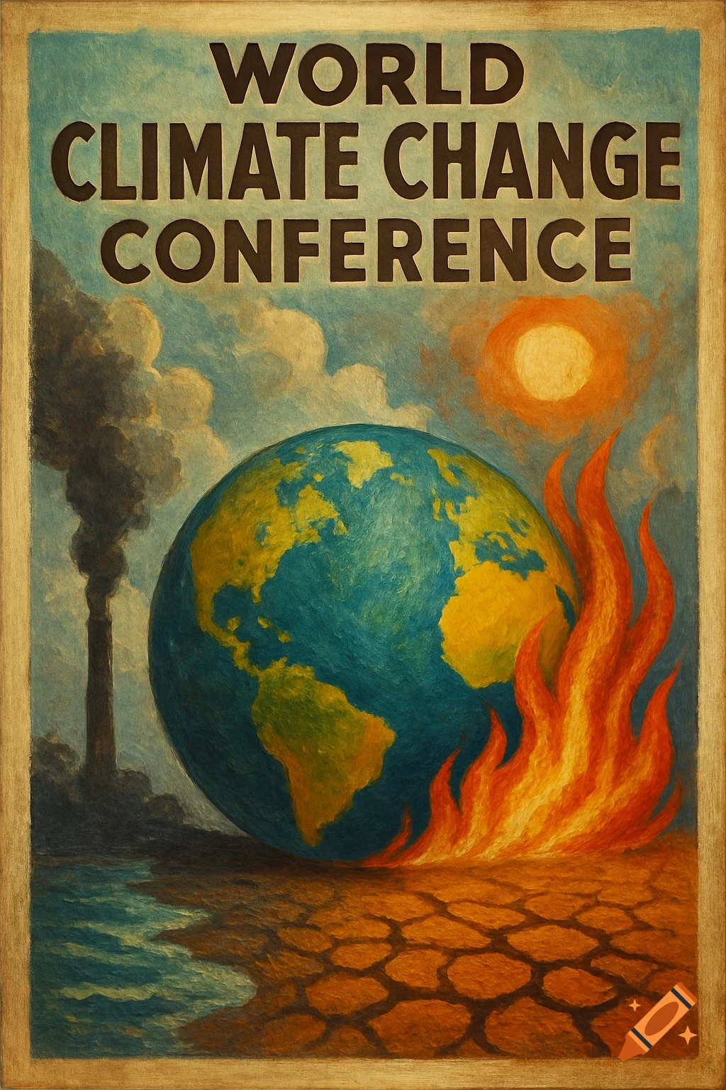 Poster for World Climate Change Conference showing Earth with pollution and fire.