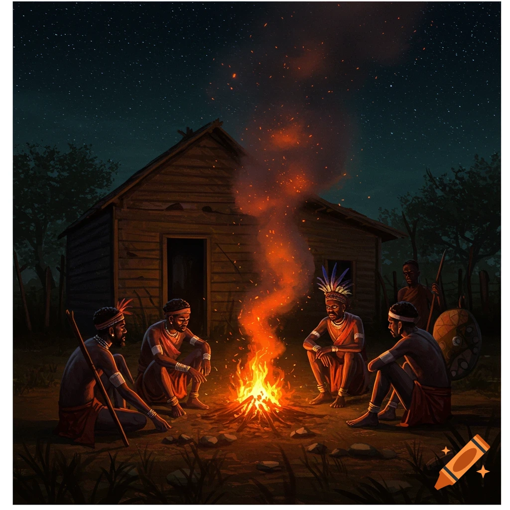 Illustration of tribal figures sitting around a campfire at night in front of a wooden hut.