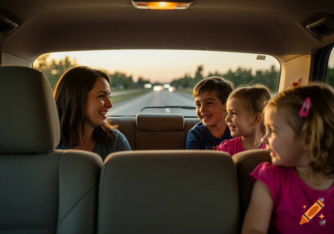 Family smiling in the back of a car during a road trip.