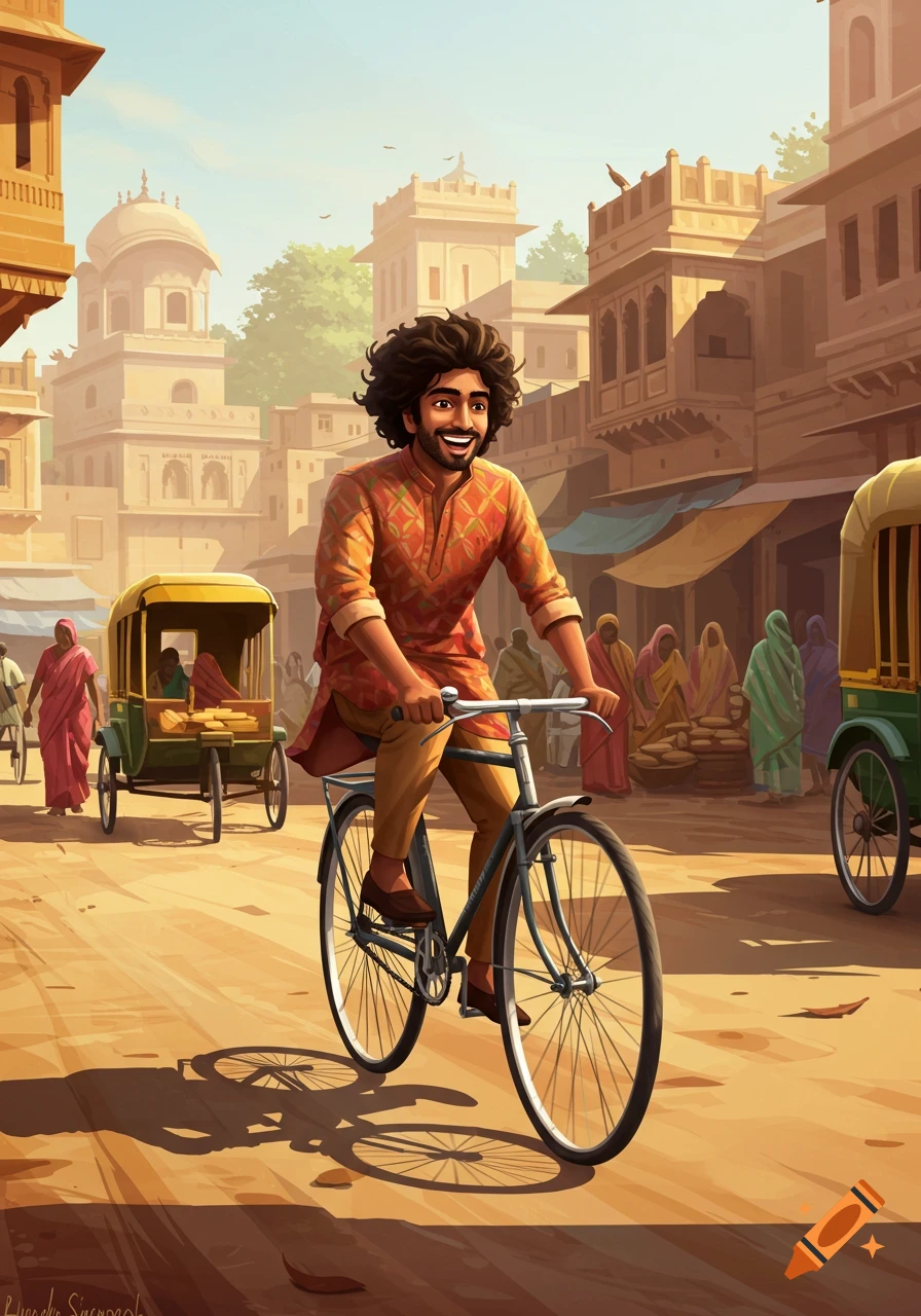 Illustration of a man riding a bike in a busy Indian street scene.