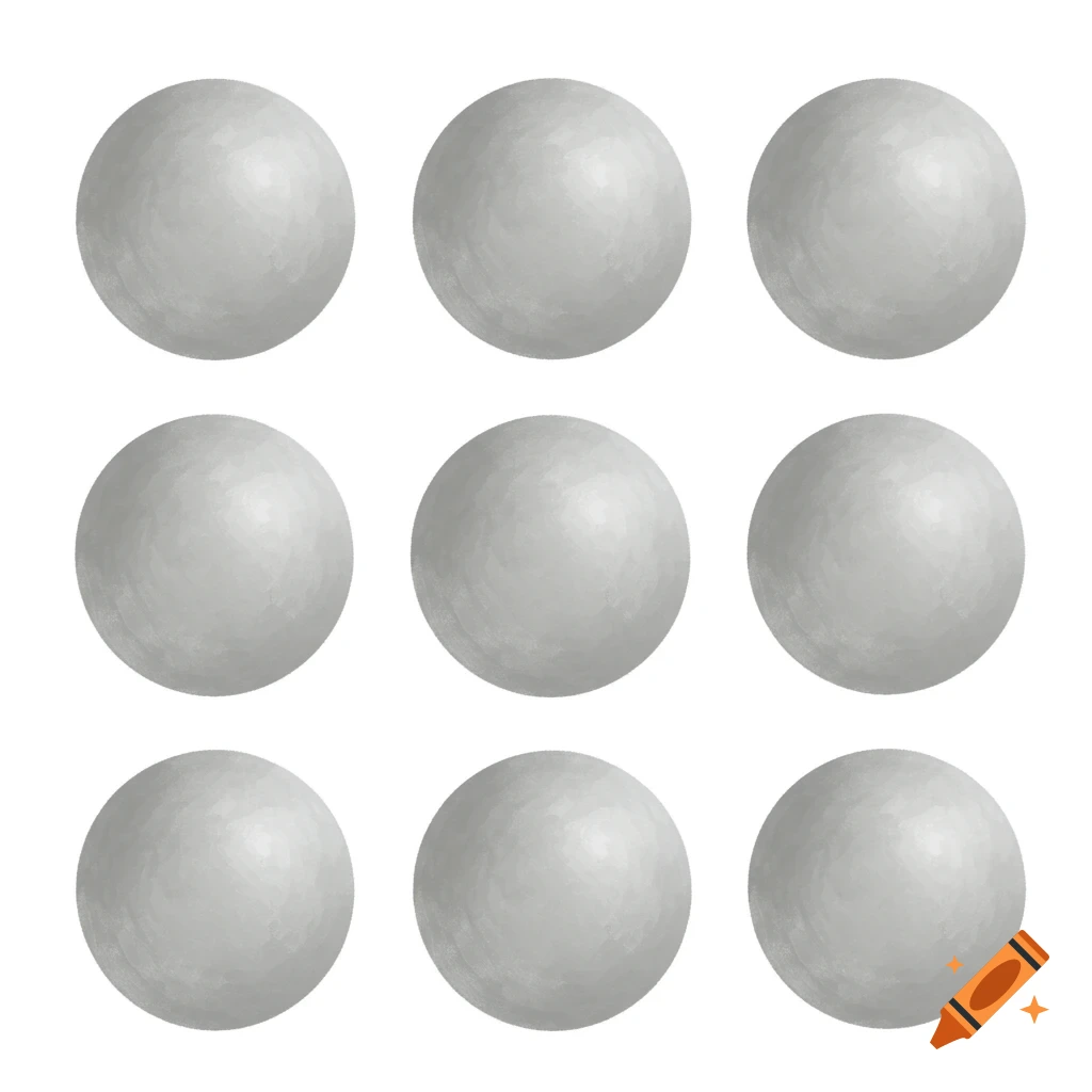 Nine light grey spheres arranged in a 3x3 grid on a white background.