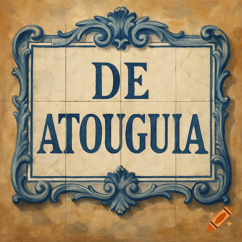 Blue and white tiled sign with ornate frame reading 'DE ATOUGUIA' on a textured wall.