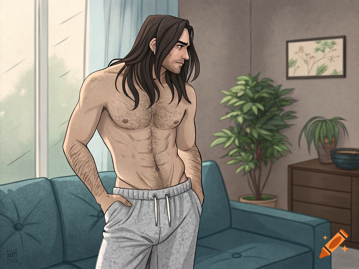 An illustration of a shirtless man with long dark hair standing in a living room.