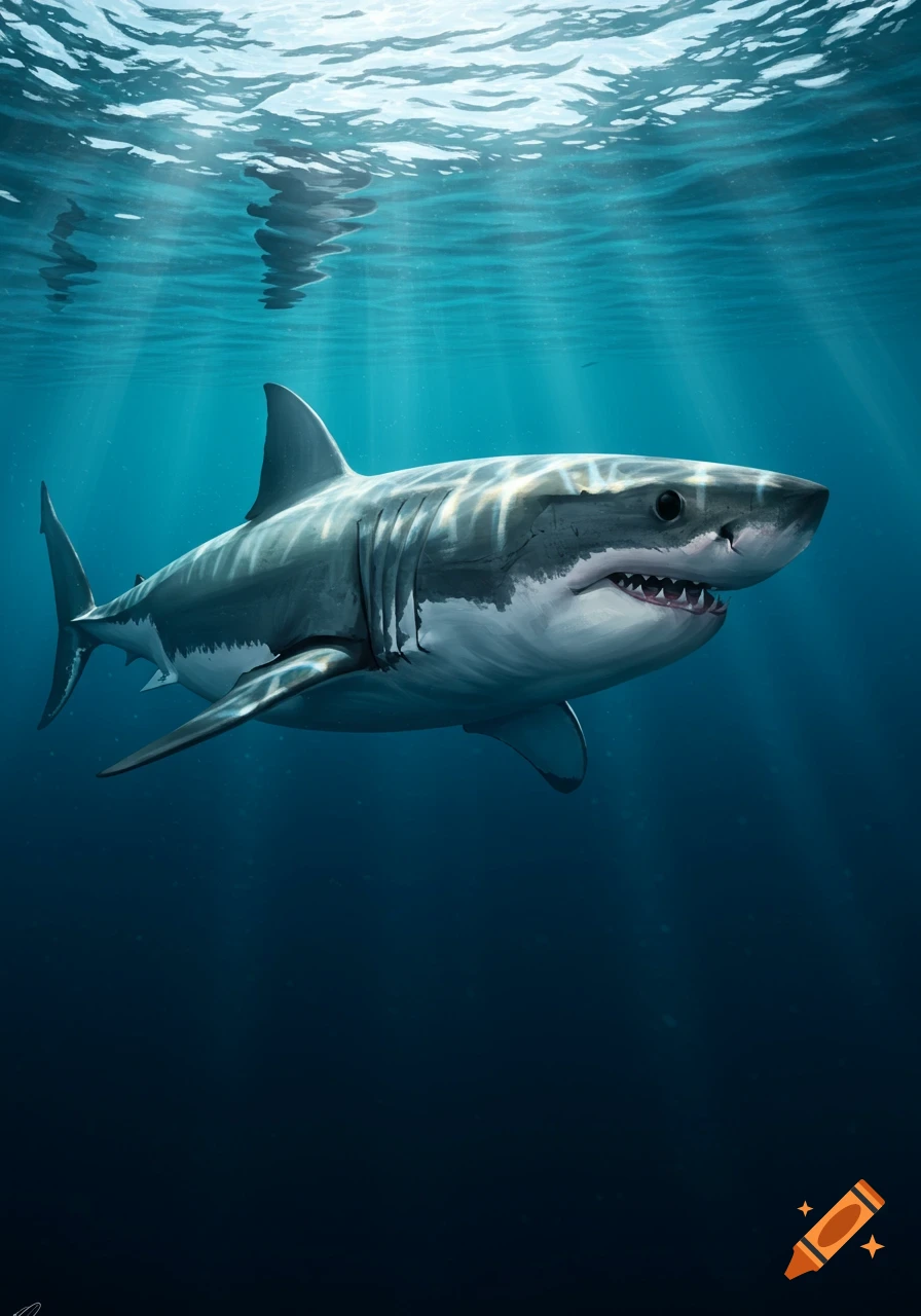 A great white shark swims underwater with sun rays beaming down.
