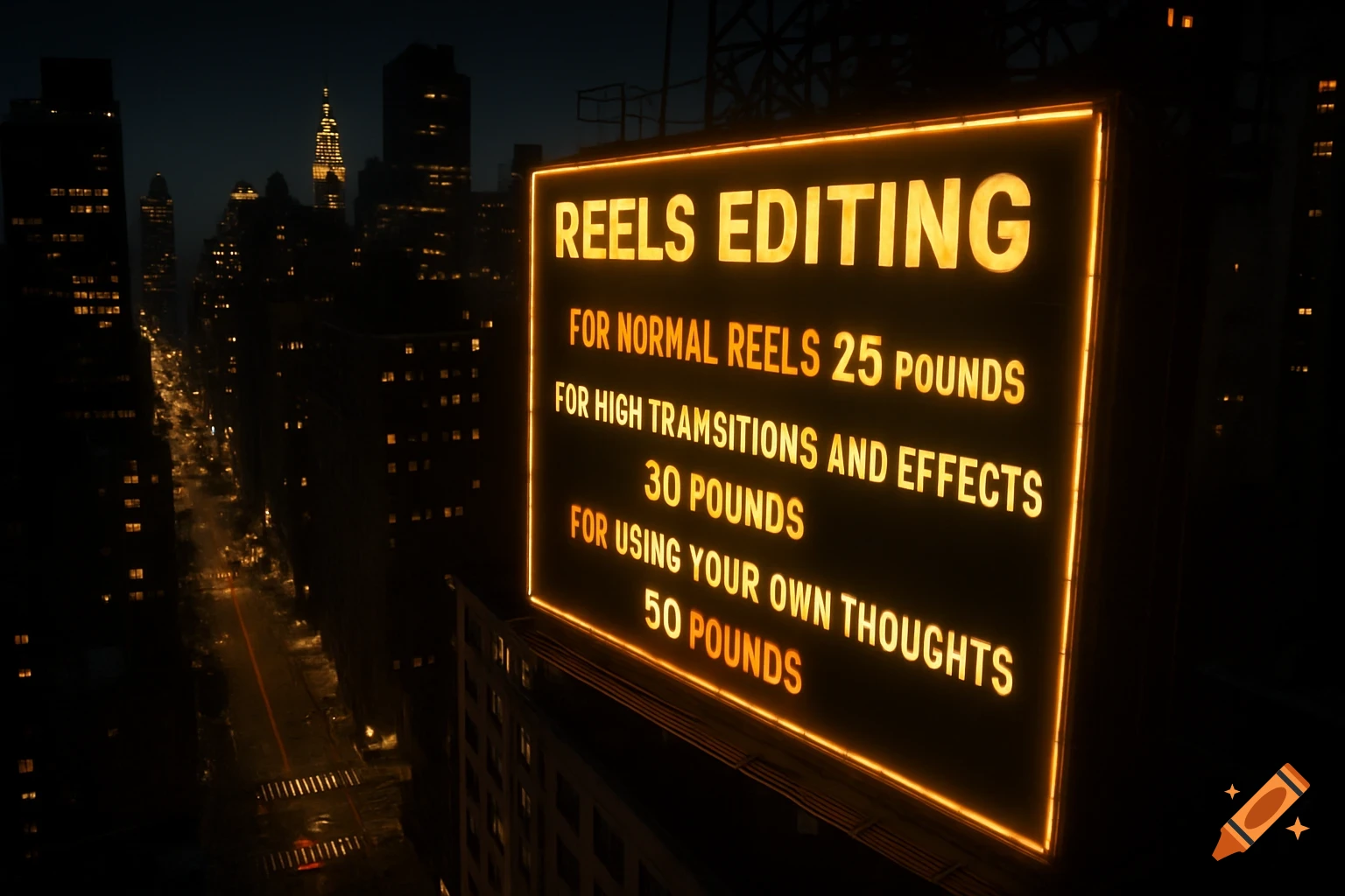 High-angle view of a glowing REELS EDITING billboard overlooking a city street at night.