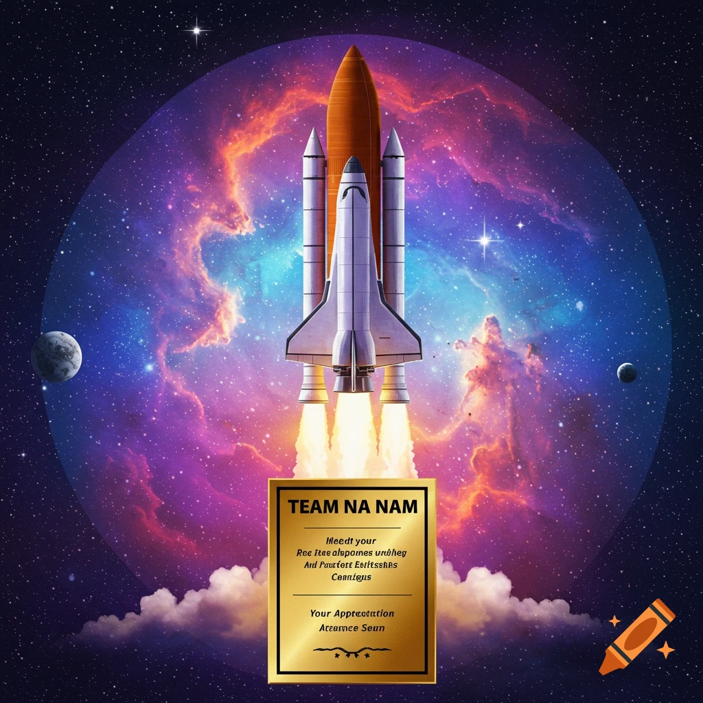 Space shuttle launching against a vibrant nebula background with a golden plaque