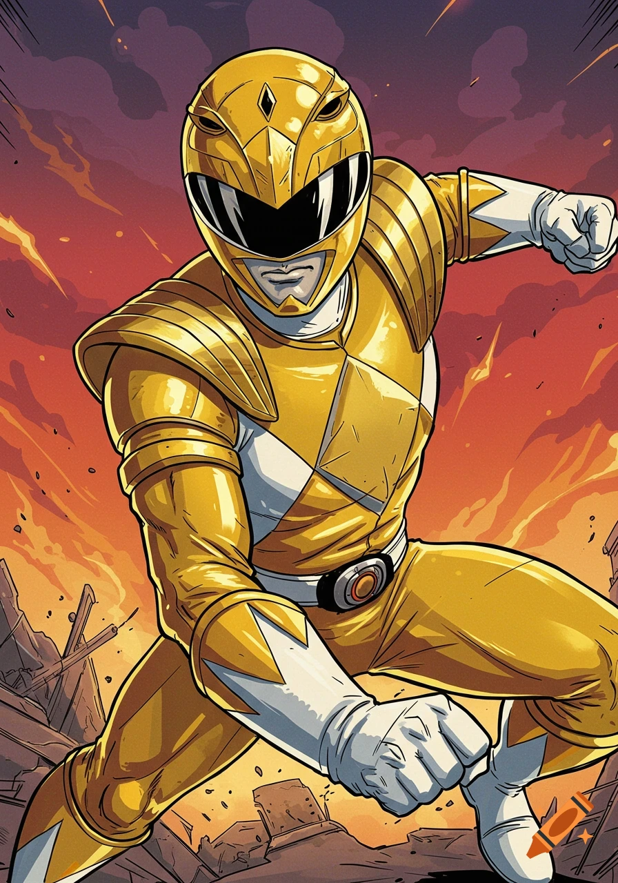 A dynamic comic book illustration of the gold Power Ranger in an action pose amidst rubble and smoke.