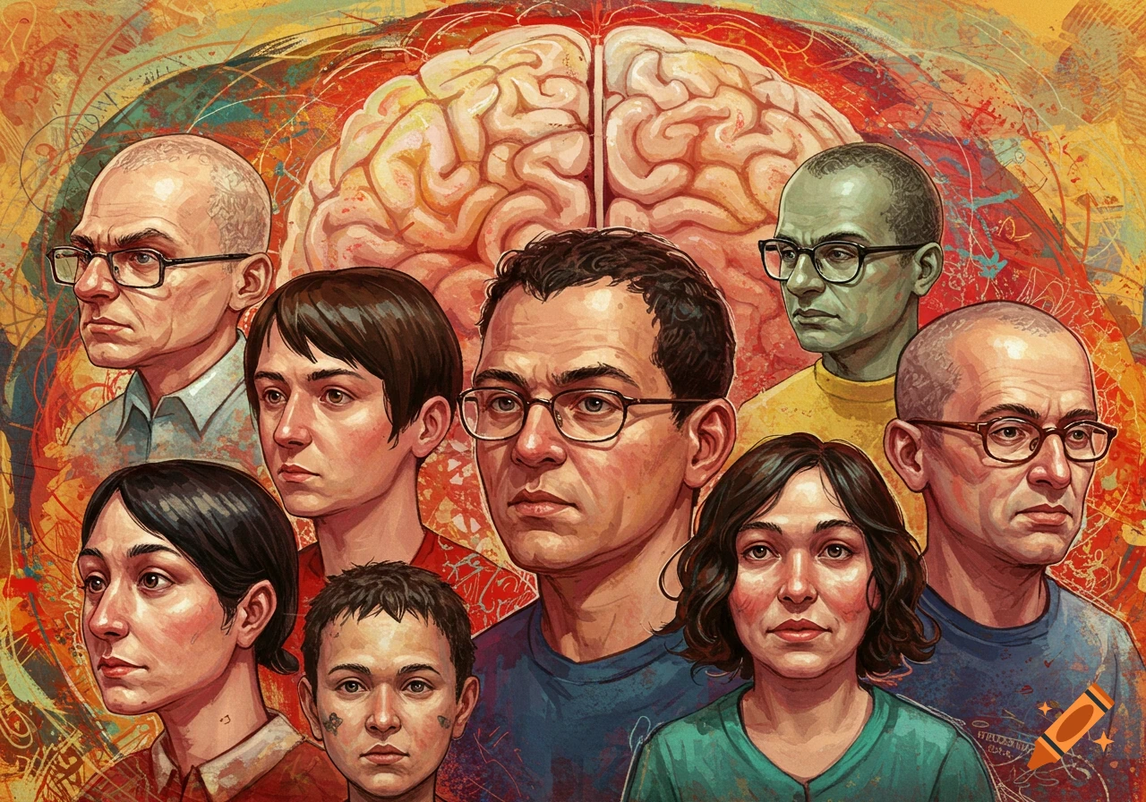 Illustration of multiple portraits of people and a brain in the background, in a painterly style.