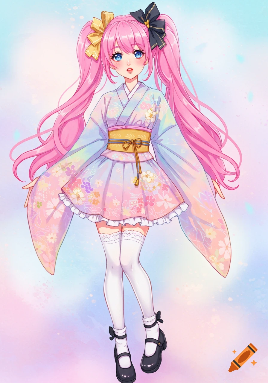 Anime girl with pink hair in twin tails wearing a pastel floral kimono-style dress.