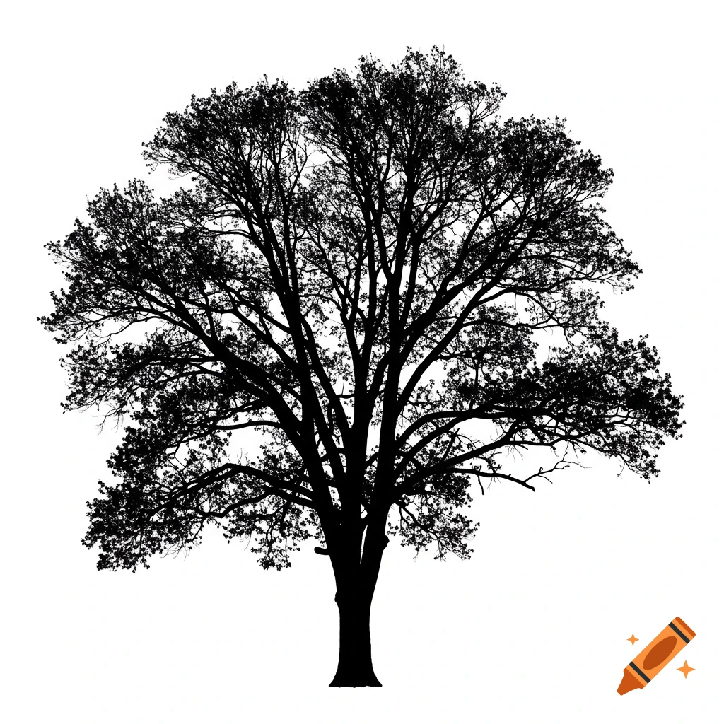 A black silhouette of a large tree against a white background.