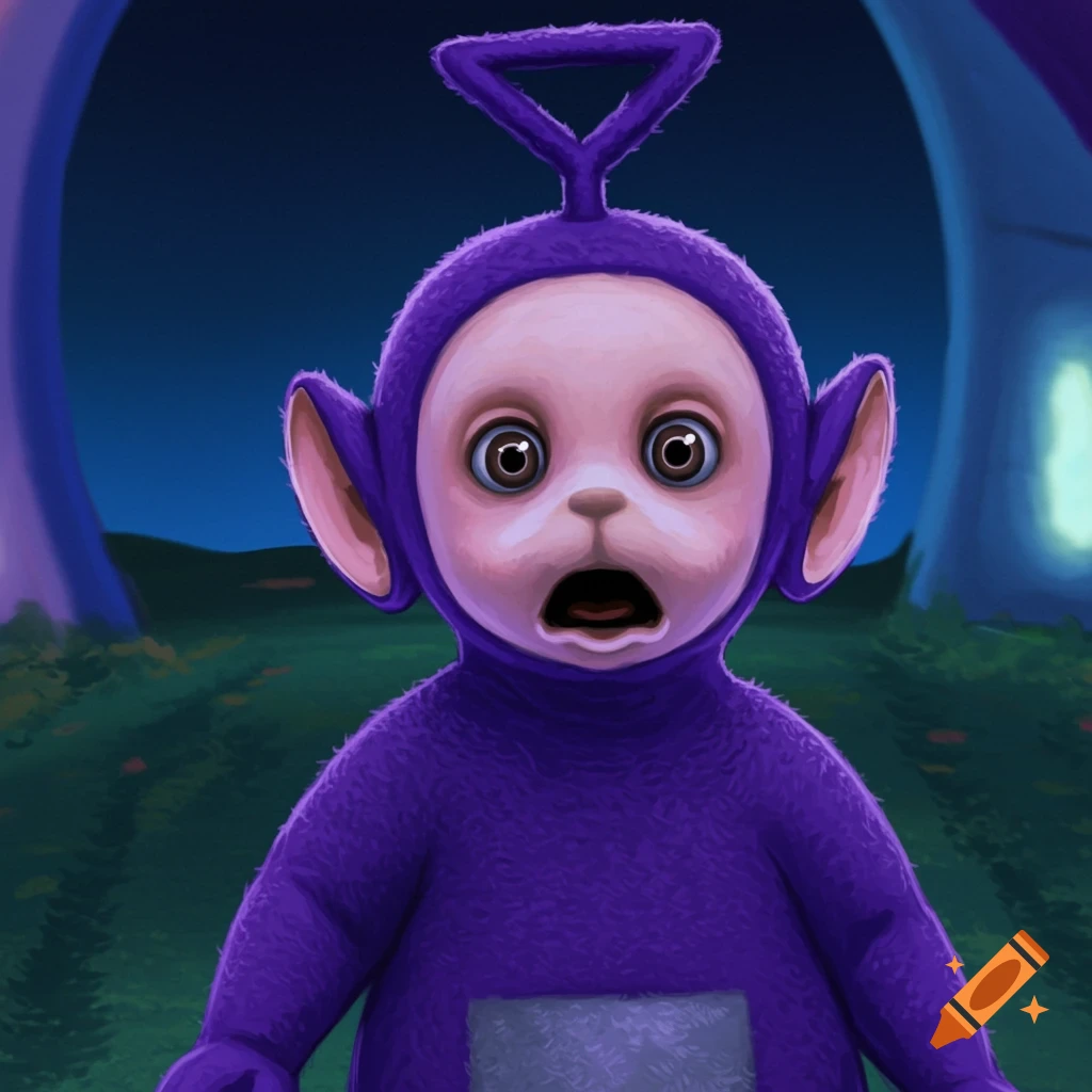 Purple Teletubby with wide eyes looks shocked in a dark landscape