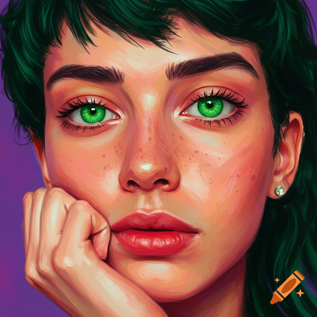 A close-up painted portrait of a person with green eyes.