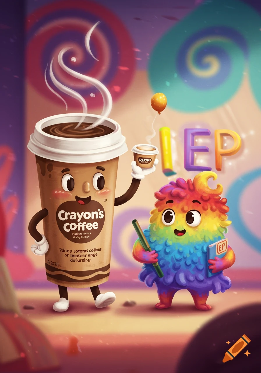 Whimsical cartoon of a walking coffee cup character holding a smaller cup, next to a fuzzy rainbow creature holding a pencil and book. Colourful background.