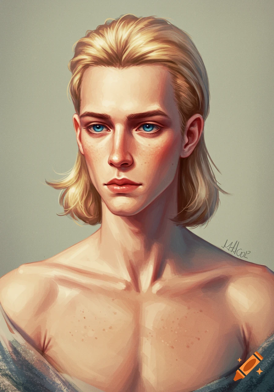 Artistic portrait of a blonde man with blue eyes looking slightly up.