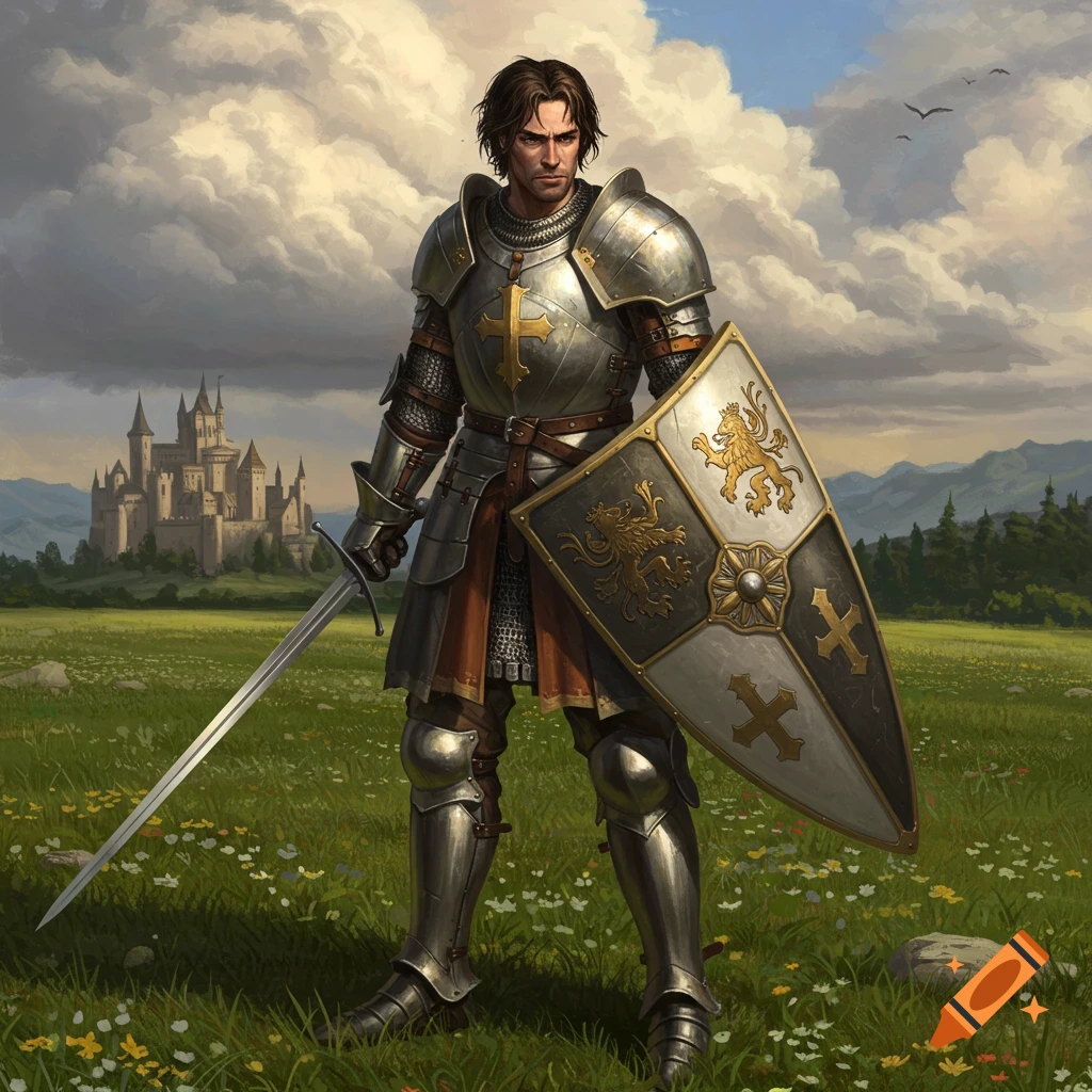 A knight in shining armor stands in a grassy field holding a sword and shield, with a castle in the background.