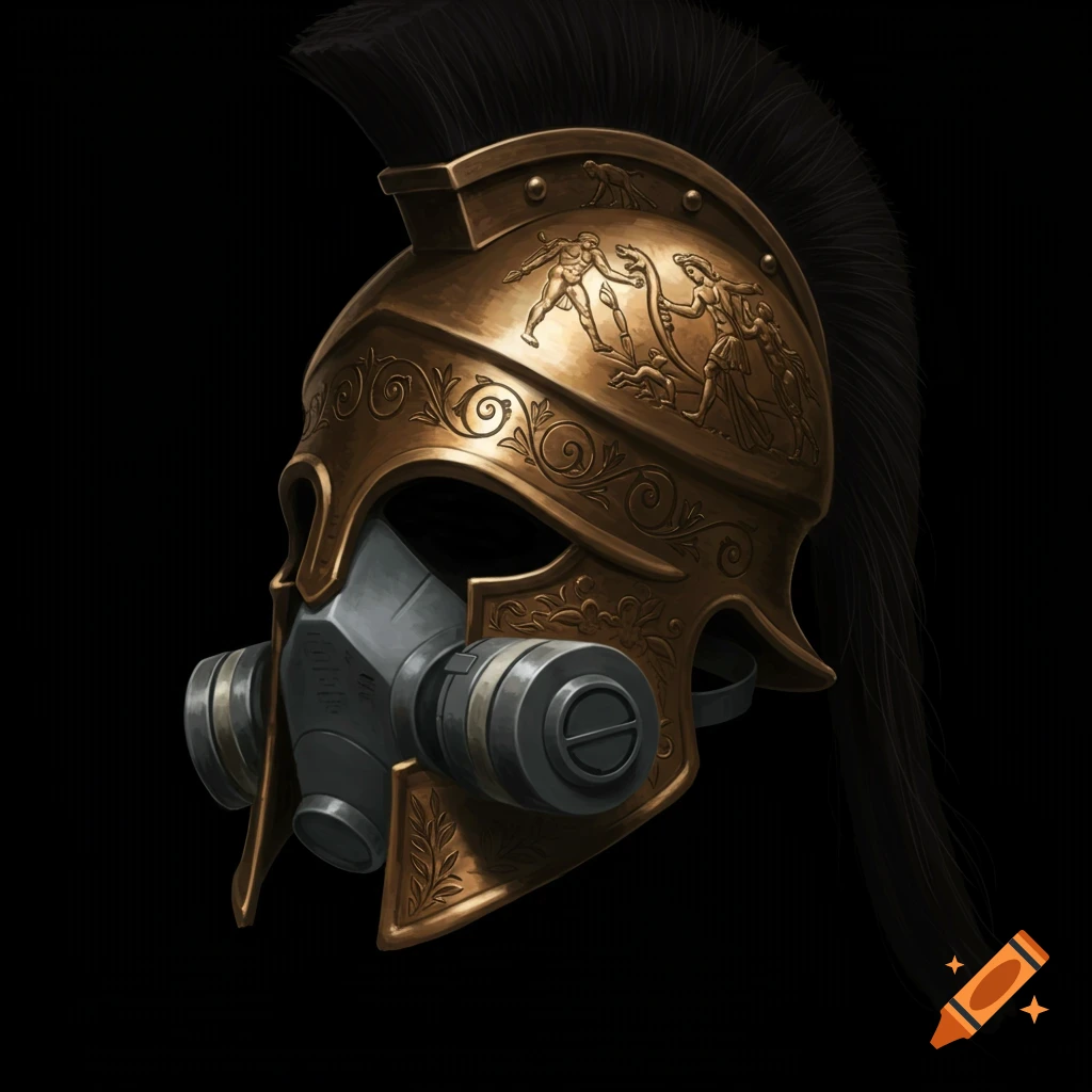 An ornate bronze Greek helmet with a black crest is fused with a grey respirator on a black background.