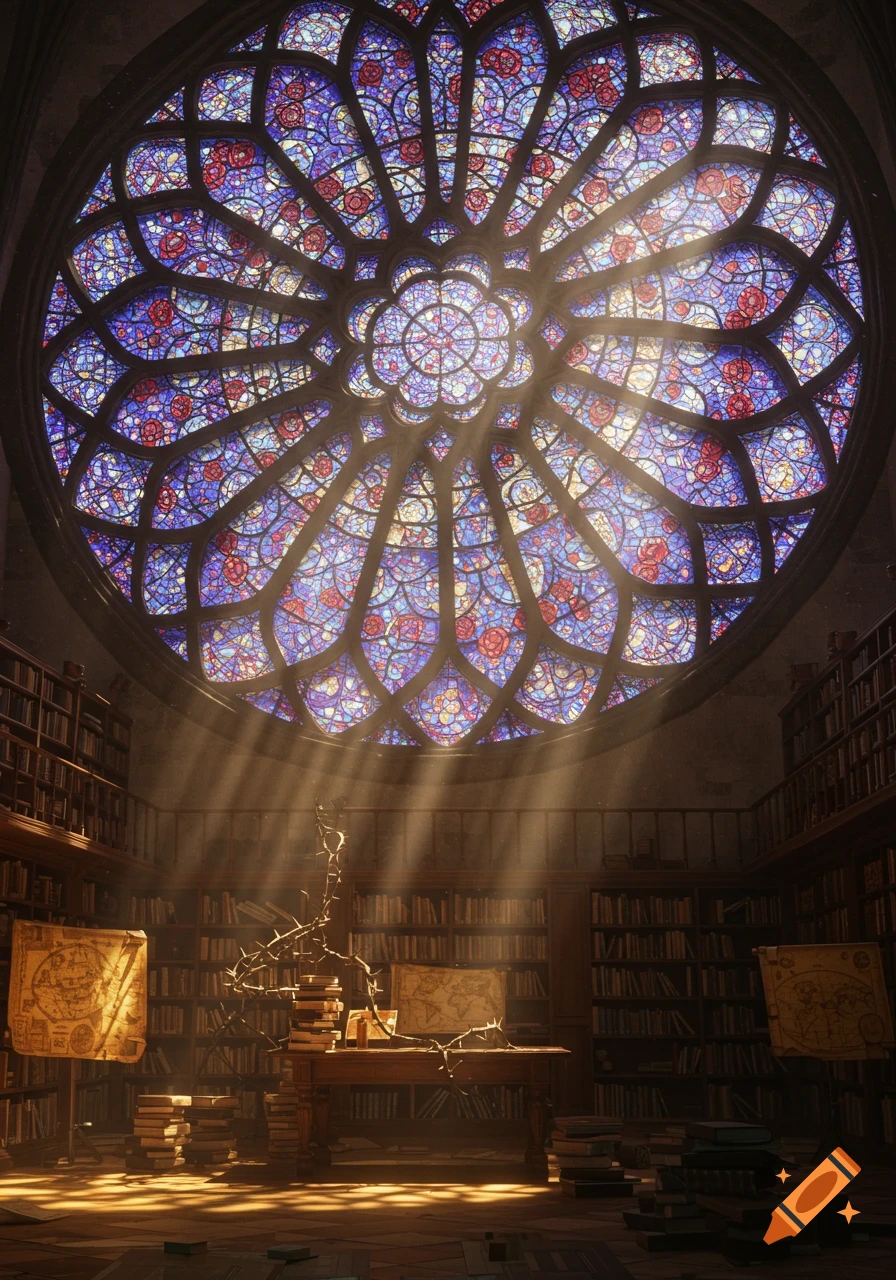 A grand stained glass rose window illuminates a library filled with bookshelves and a desk, with light rays streaming through.
