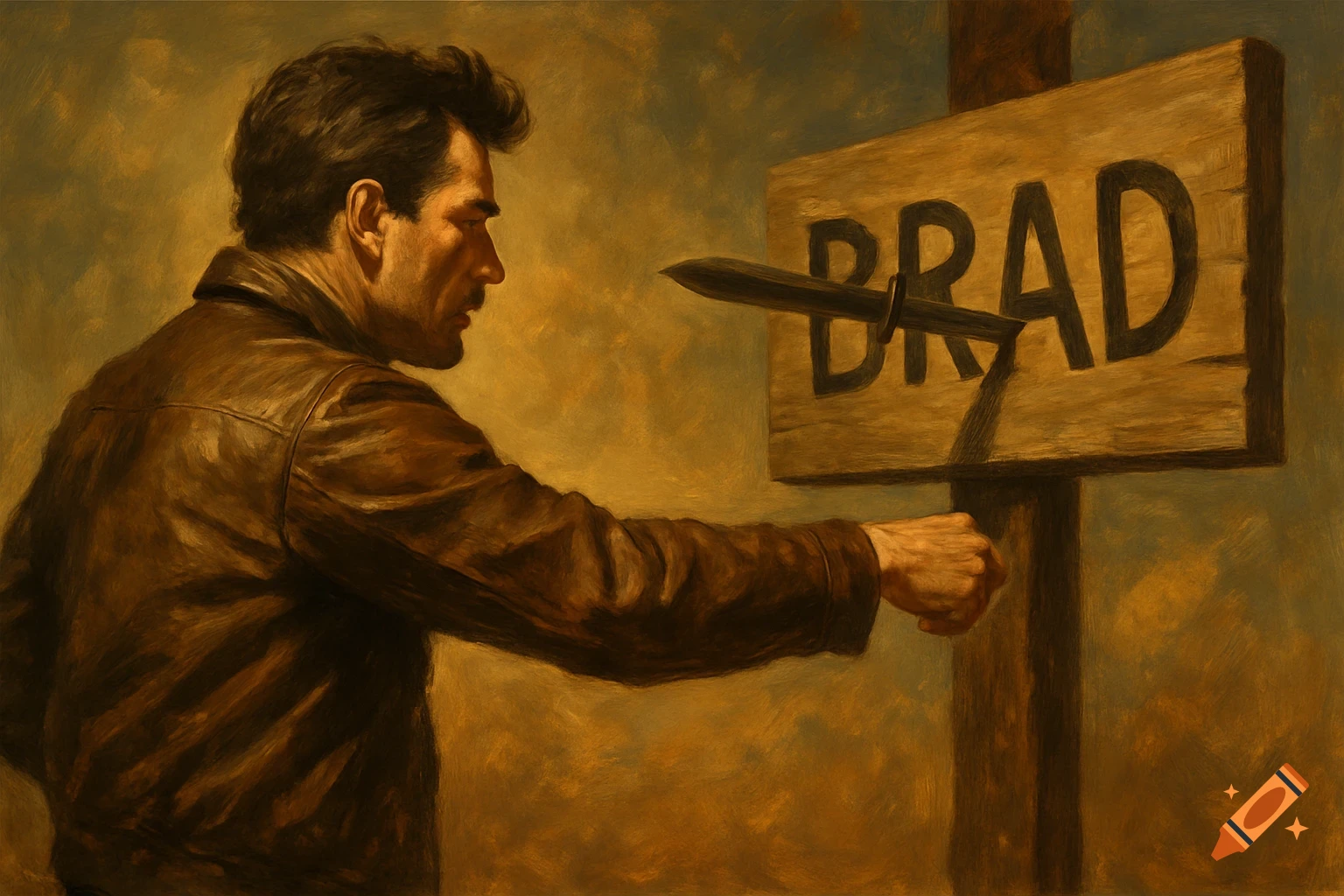 Oil painting of a man in a brown leather jacket throwing a knife at a wooden sign that reads BRAD.
