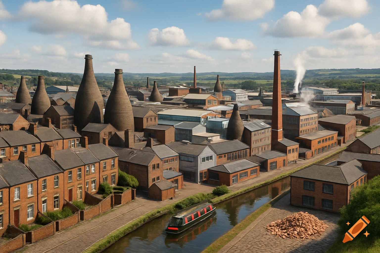 Panoramic view of an industrial town with bottle kilns, terraced houses, a canal with a boat, and a large factory chimney.