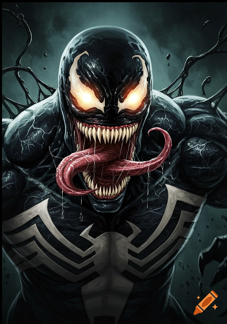 Close-up illustration of Marvel character Venom with glowing eyes and long tongue.