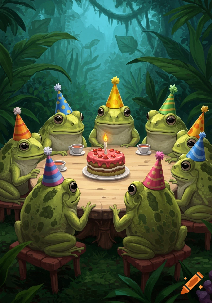 Cartoon frogs in party hats sit around a table with a birthday cake and teacups in a jungle.