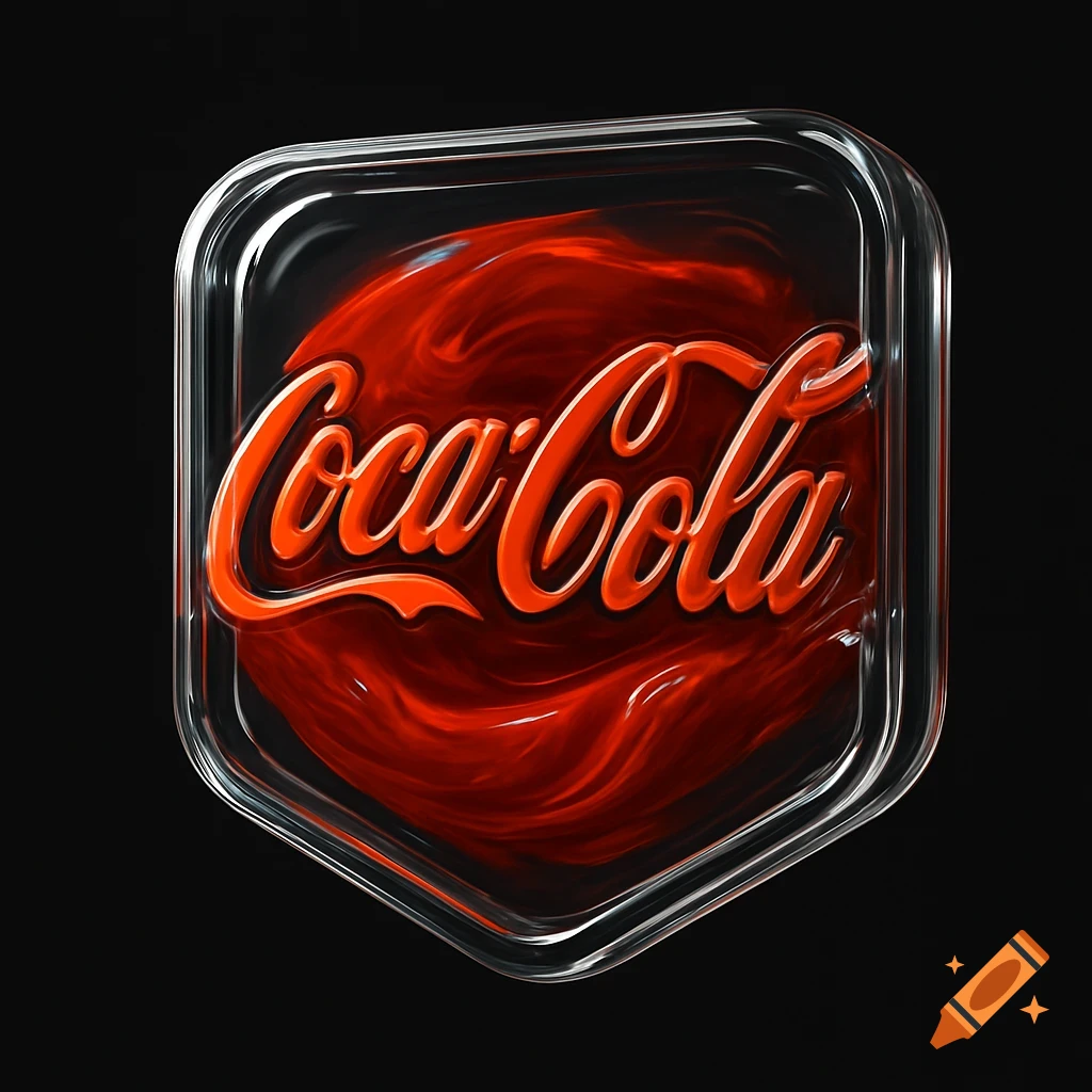 3D illustration of the Coca-Cola logo in glass filled with swirling red liquid on a black background.