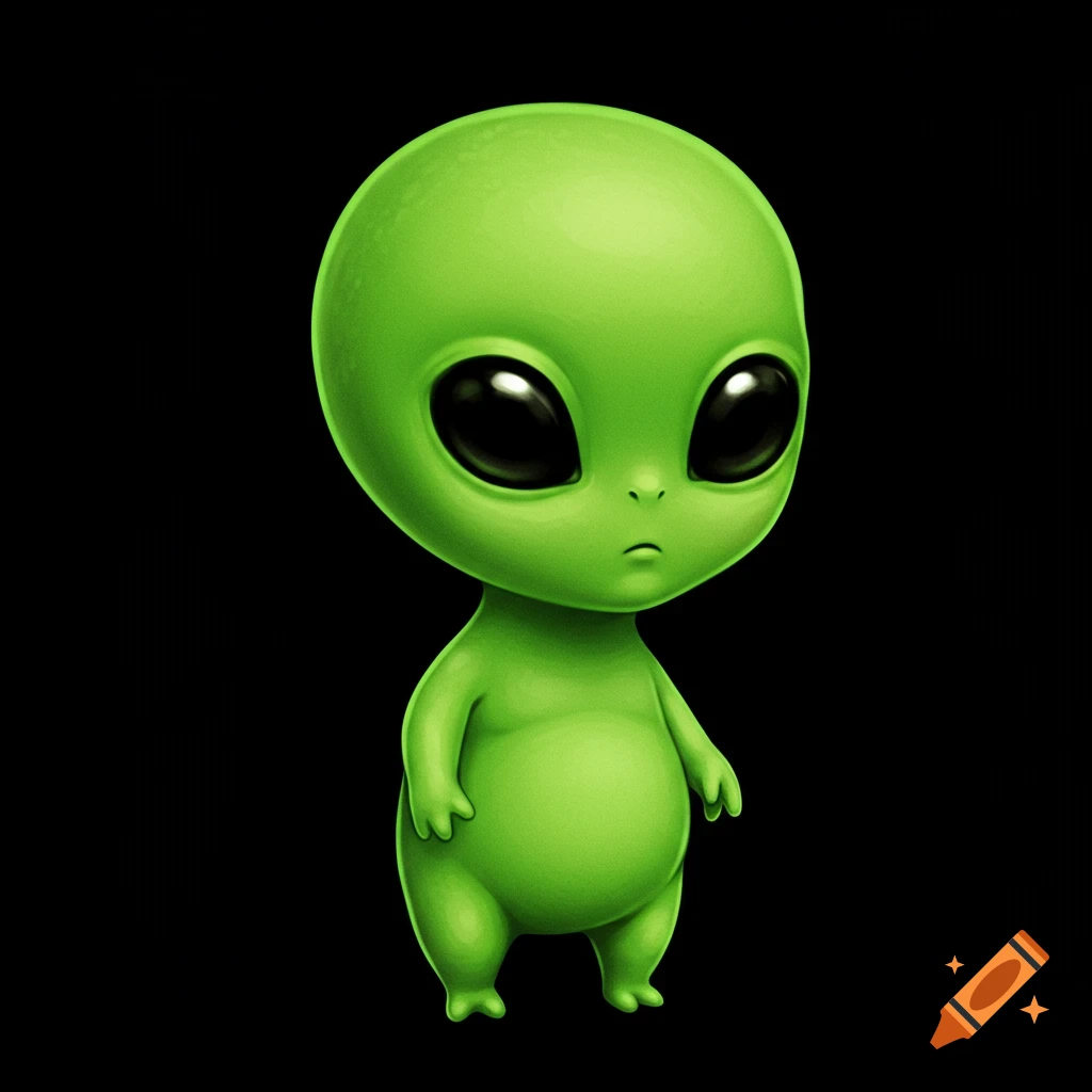 A cute green cartoon alien with large black eyes stands against a black background.