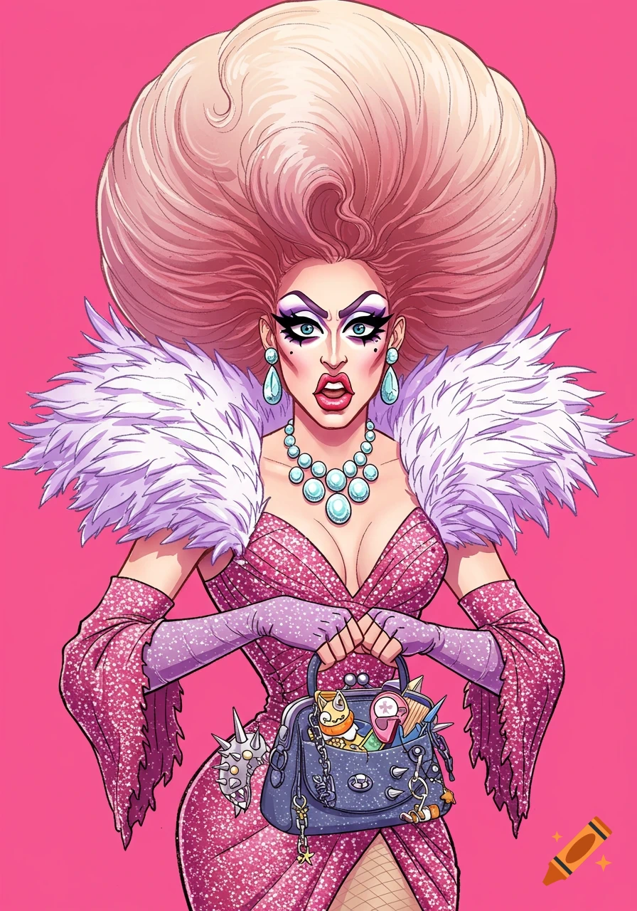 Cartoon of a drag queen in a pink dress, big hair, and makeup, holding a spiked bag.