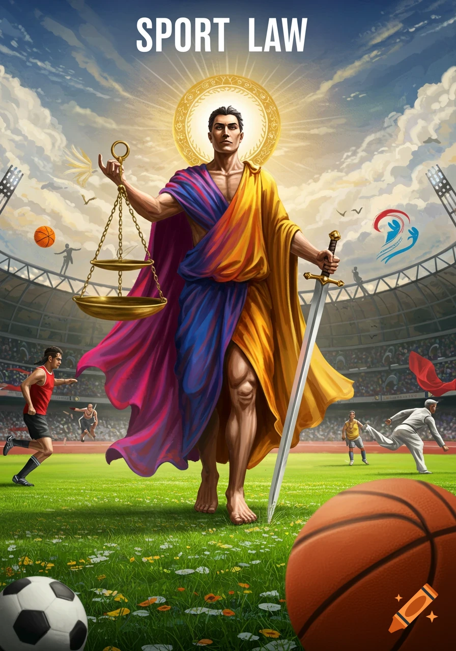 Stylized illustration of a figure holding scales and a sword in a sports stadium with athletes and sports balls.