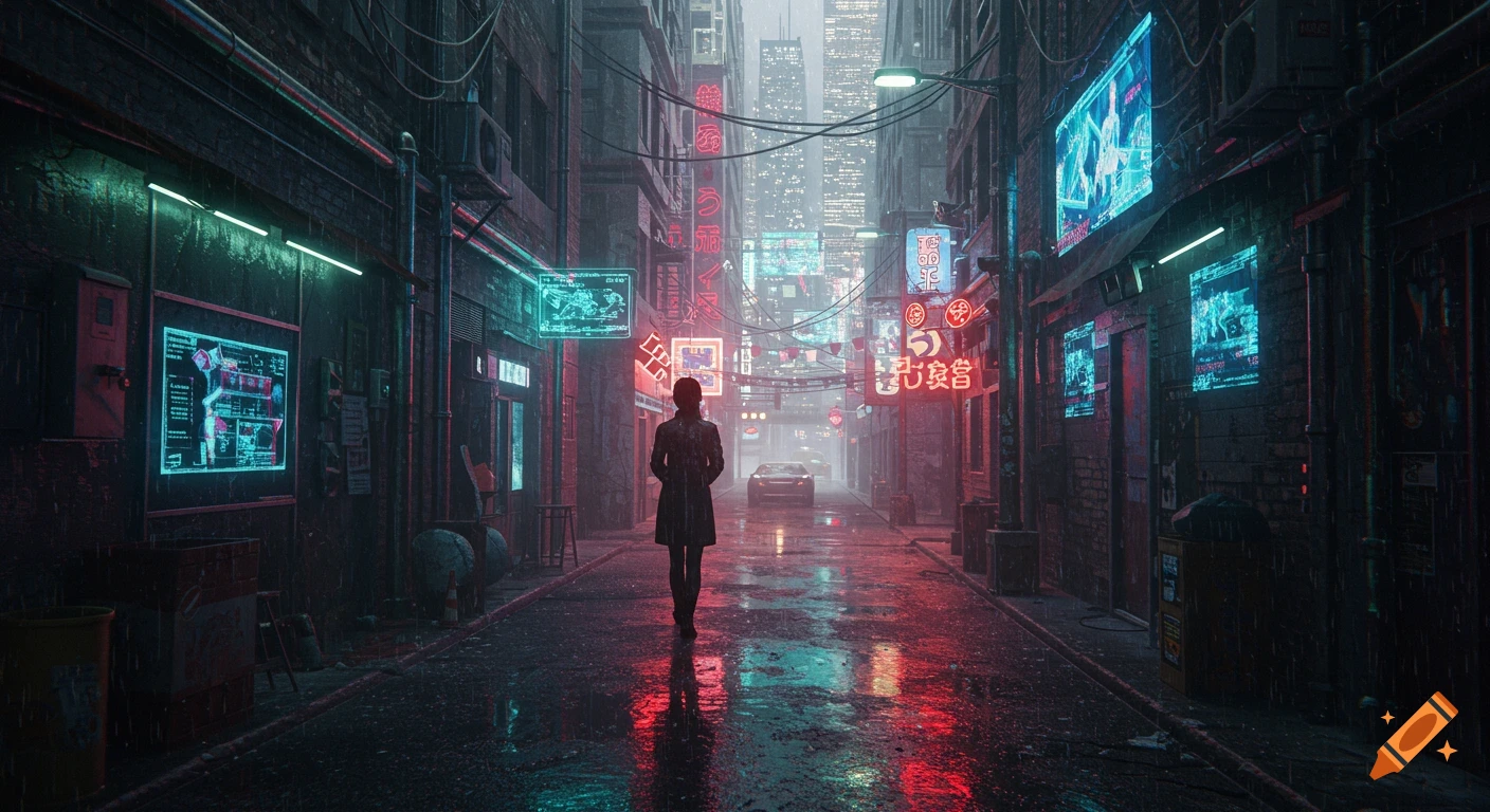 A person walks down a wet, neon-lit cyberpunk alleyway in the rain.