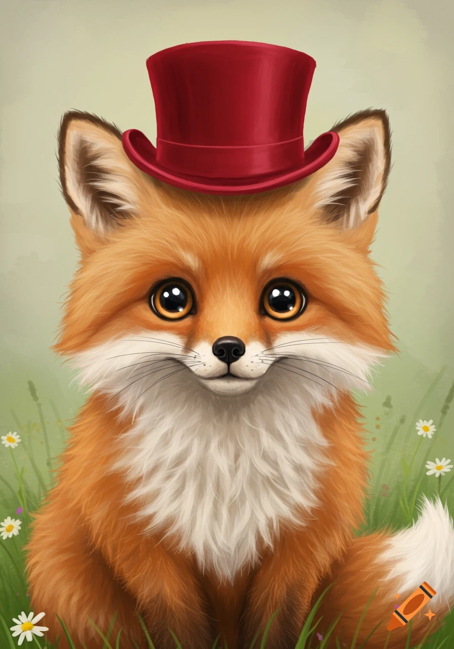Cute illustrated fox wearing a red top hat sitting in grass with flowers.