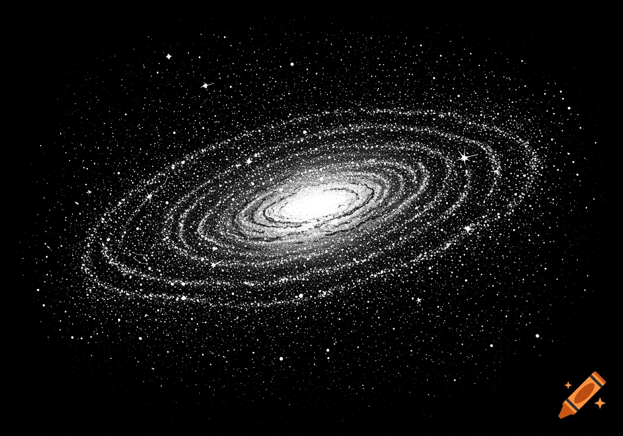 Black and white drawing of a spiral galaxy.