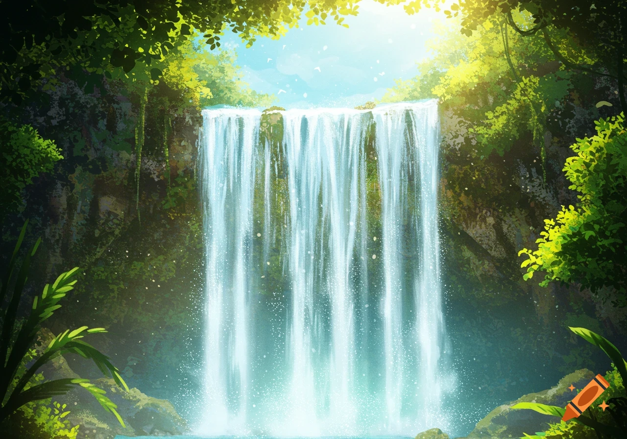 A digital painting of a large waterfall in a lush jungle with bright sunlight shining through the trees.