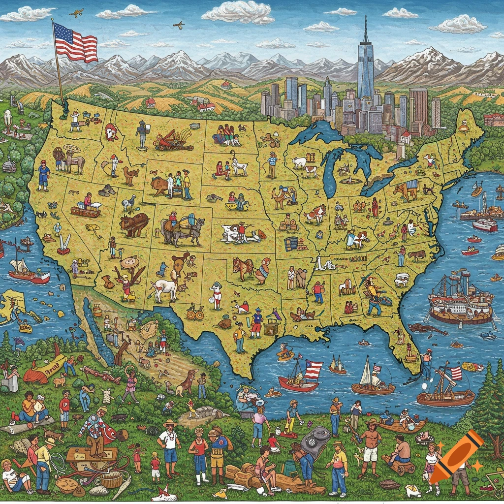 Illustrated map of the USA with figures and landmarks in a folk art style