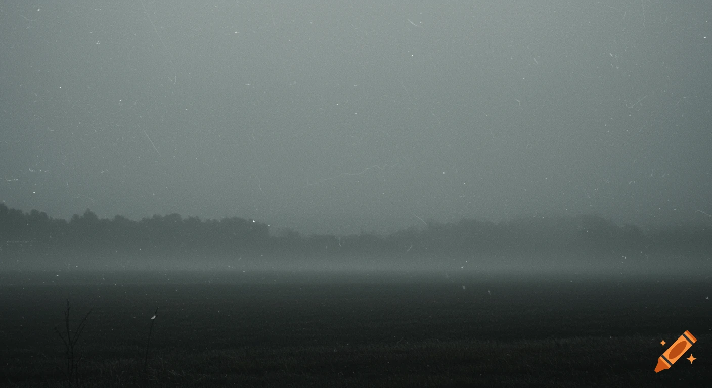 Misty landscape on a grey day with field and trees, styled like vintage film photography